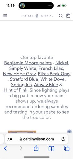 an iphone screen with the text'our top favorite benjamin moore paints - nickel simply white, french lilac, new york city, pink floyd,