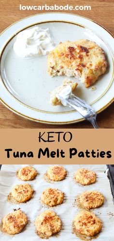 keto tuna melt patties on a baking sheet and in the background is a plate with cream cheese