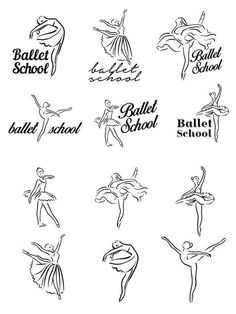 the logos for ballet school are drawn in black and white, with different designs on them