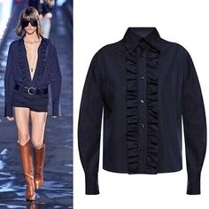 (eBay) 40 NEW $950 SAINT LAURENT Runway Blue Cotton Ruffle Front Crisp BLOUSE SHIRT TOP Saint Laurent Runway, Blouse Shirt, No Brand, Shirt Top, Up Styles, Womens Clothing Tops, Work Wear, Shirt Blouses, Types Of Sleeves