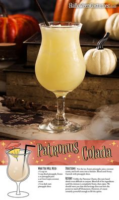 an advertisement for a halloween cocktail with pumpkins in the background