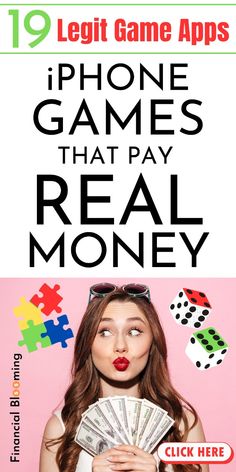 a woman holding money in her hands with the words, phone games that pay real money