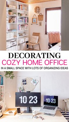 a home office decorated in white with lots of organizing ideas