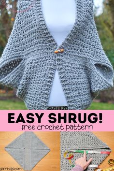 an easy crochet shrug jacket pattern with the text, easy shawl free croche