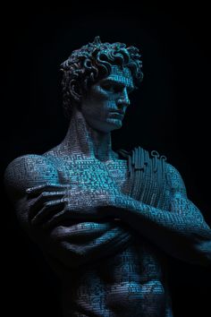 a man with his arms crossed standing in front of a black background and blue light