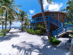 a house on the beach with stairs leading up to it and palm trees in front