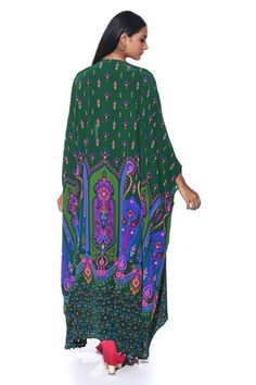 Green floral blossom print asymmetric cape embellished by sequinwork. Comes with floral embroidered blouse and harem pant. - Aza Fashions Embroidered Semi-stitched Sets With Cape Sleeves, Spring Floral Print Ankle-length Harem Pants, Spring Bohemian Hand-dyed Kaftan, Bohemian Pre-draped Multicolor Block Print Saree, Harem Pants Pattern, Multicolor V-neck Kaftan With Floral Embroidery, Harem Pant, Blossom Print, Open Sleeve