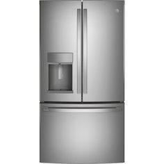 a stainless steel refrigerator freezer with water dispenser on the front and bottom