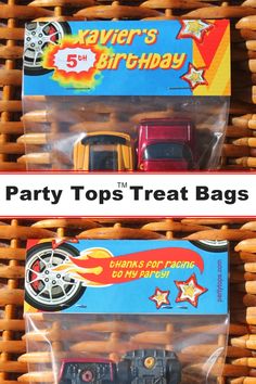 two plastic bags with cars in them and the words party tops treat bags