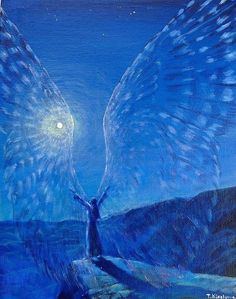 an angel painting with blue and white colors