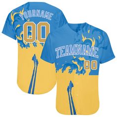 a blue and yellow baseball jersey with the number 00 on it, featuring palm trees