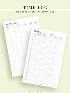 two printable time log sheets on top of each other with the text time log