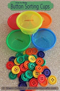 a collage of buttons with the words button sorting cups on them and an image of a