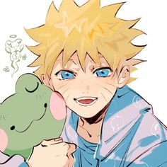 an anime character holding a stuffed animal in his right hand and smiling at the camera