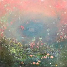 a painting of flowers and water lilies in a pond with stars on the sky