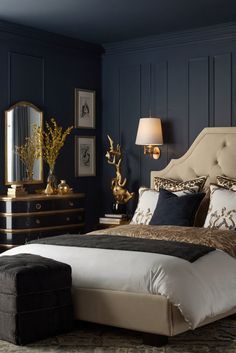 luxury bedroom decor, interior design ideas, elegant bedroom design, upscale bedroom furniture Blue And Black Bedroom, Bedroom Color Palette, Top Hacks, Luxurious Wallpaper, My Daily Routine, Bedroom Colour Palette, Luxury Bedroom Decor, Elegant Living Room Design, Black Bedroom