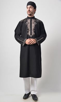 Ancient Motifs Embroidered Yoke Cotton Tunic - EastEssence.com Black Cotton Long Sleeve Kurta, Embroidered Long Sleeve Winter Kurta, Winter Embroidered Long Sleeve Kurta, Black Cotton Traditional Wear With Long Sleeves, Traditional Wear With Floral Embroidery And Long Sleeves, Black Cotton Long Sleeve Traditional Wear, Black Long Sleeve Traditional Cotton Wear, Traditional Black Kurta For Spring, Cotton Kurta With Embroidered Sleeves For Eid