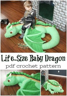 a baby dragon is sitting on the floor and it's made out of crochet