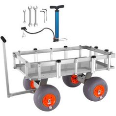 an image of a cart with wheels and tools attached to the front wheel, on a white background