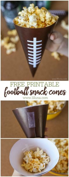 a bowl full of popcorn with the words free printable football snack cones on it