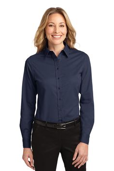 Port Authority ® Ladies Long Sleeve Easy Care Shirt. L608 - NAVY/ LIGHT STONE - L | Port Authority L608 Women's Long Sleeve Easy Care Shirt in Navy Blue/Light Stone Size Large | Cotton/Polyester Blend Mediterranean Blue, Orange Texas, Port Authority, Work Wear Women, Woven Dress, Long Sleeve Shirt Dress, Work Shirts, Office Outfits, The Professional