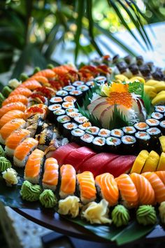 an assortment of sushi is arranged on a platter