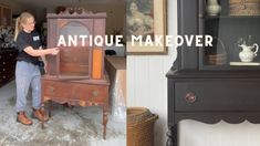 an antique dresser is being displayed in two different pictures, and the woman stands next to it