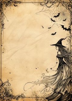 a drawing of a woman in a witch costume with bats on her head and an old paper background