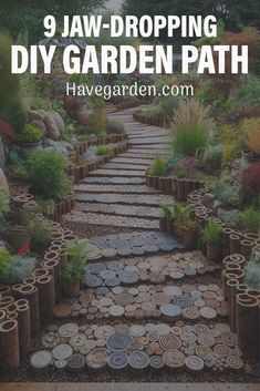 a garden path made out of wood logs with text overlay that reads 9 jaw - dropping diy garden path