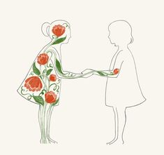 a drawing of a woman handing something to another woman with flowers on her dress and green leaves