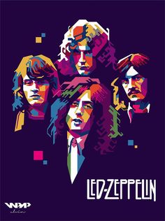 the led zepplin poster is shown in purple and orange colors, with an image of