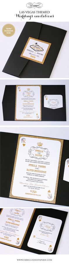 the wedding stationery is black and gold