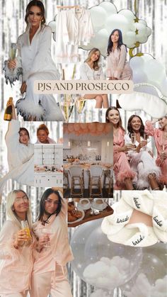 the collage shows many different pictures with women dressed in pinks and white outfits