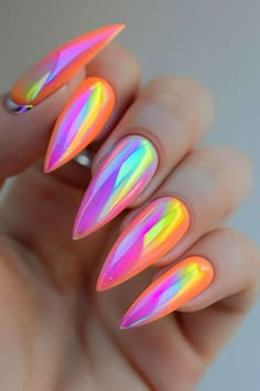 These rainbow chrome nails are screaming at me, even though i know they are no where near a fall nails vibe, i'm so obsessed! will be doing this almond nails / acrylic nails for my next vacation for sure! the perfect summer nails or vacation nails 10000% Acrylic Neon Nails, Acrylic Nails Neon