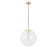 a clear glass globe light hanging from a gold colored ceiling fixture with a black cord