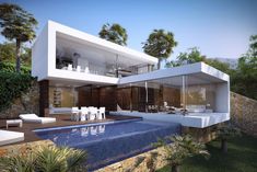 an artist's rendering of a modern house with swimming pool and outdoor lounge area