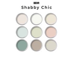 the behr shabby chic color palette is shown in different shades and sizes