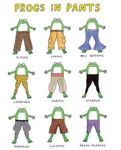 frogs in pants poster with the words frog in pants on it's front and bottom