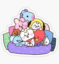 a group of cartoon characters sitting on top of a bed sticker with the words hello kitty