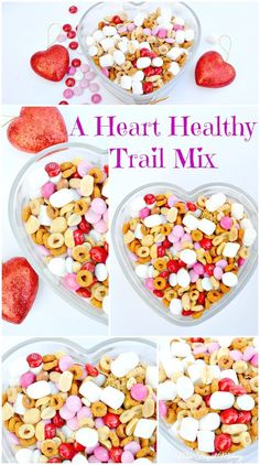 heart healthy trail mix in a bowl with hearts and marshmallows on top