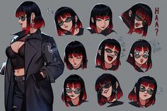 an anime character with red hair and glasses, in various poses for the animation avatar