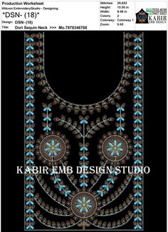 an embroidered design with blue and gold beads on black background, in the shape of a dress