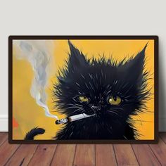 Cigarette Canvas Art Print - Temu Canada Kitten Painting, Portrait Unique, Black Cat Painting, Wall Art Cat, Painting Cat, Painting Printable, Ink Artwork, Black Kitten