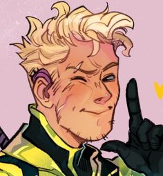 a drawing of a man with blonde hair giving the peace sign and holding his hand up