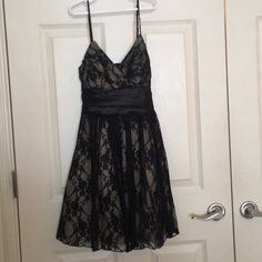 Beautiful Black And Nude Lace Dress With Satin Tie Around Back. Never Worn With Tags! Size Small, Fits A 2. Black Lined Lace Dress, Blue Sparkly Dress, Nude Lace Dress, Chevron Print Dresses, Cocktail Prom Dress, Sheer Mini Dress, Nude Dress, Mini Dress Formal, Mini Dresses For Women