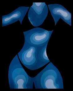 an abstract painting of a woman's torso in blue and black colors, on a black background