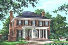 this is an artist's rendering of a large brick house with columns and windows