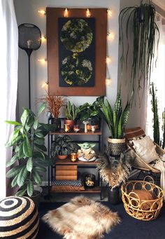 a room filled with lots of potted plants next to a painting on the wall