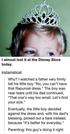 a little boy wearing a tiara with the caption'i almost lost it at the disney store today '