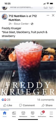 an instagramted photo of a red, white and blue drink with the words friedy kruger on it